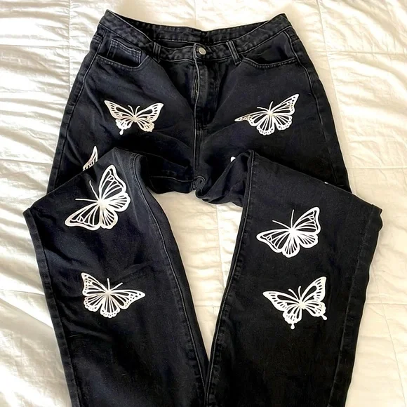 SHEIN Jeans Black Denim Jeans With Butterflies Poshmark